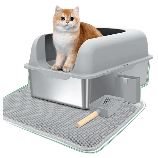 Anyask High-Sided Stainless Steel Cat Litter Box with Lid & Mat (30L)