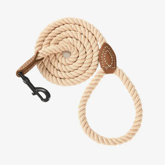 Braided Cotton Rope Dog Leash – 6 ft, Leather Accent, Comfortable Grip (Light Brown)