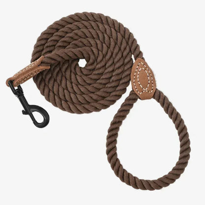 Braided Cotton Rope Dog Leash with Leather Detail (4 ft, Dark Brown)