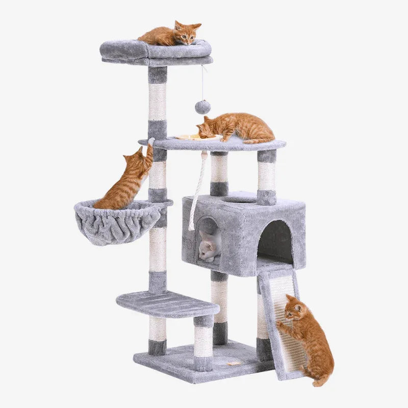 Compact Multi-Level Cat Tower with Condo, Basket and Feeding Bowl (49")