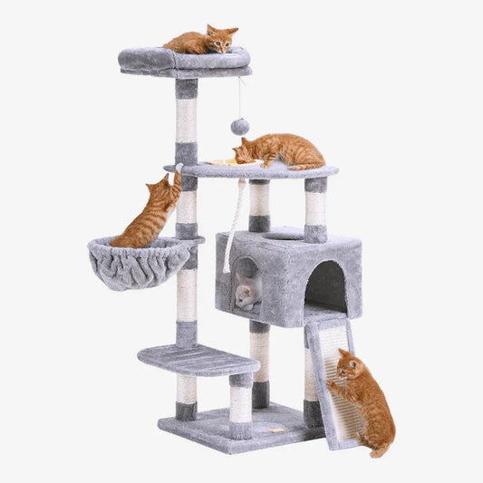 Compact Multi-Level Cat Tower with Condo, Basket and Feeding Bowl (49")