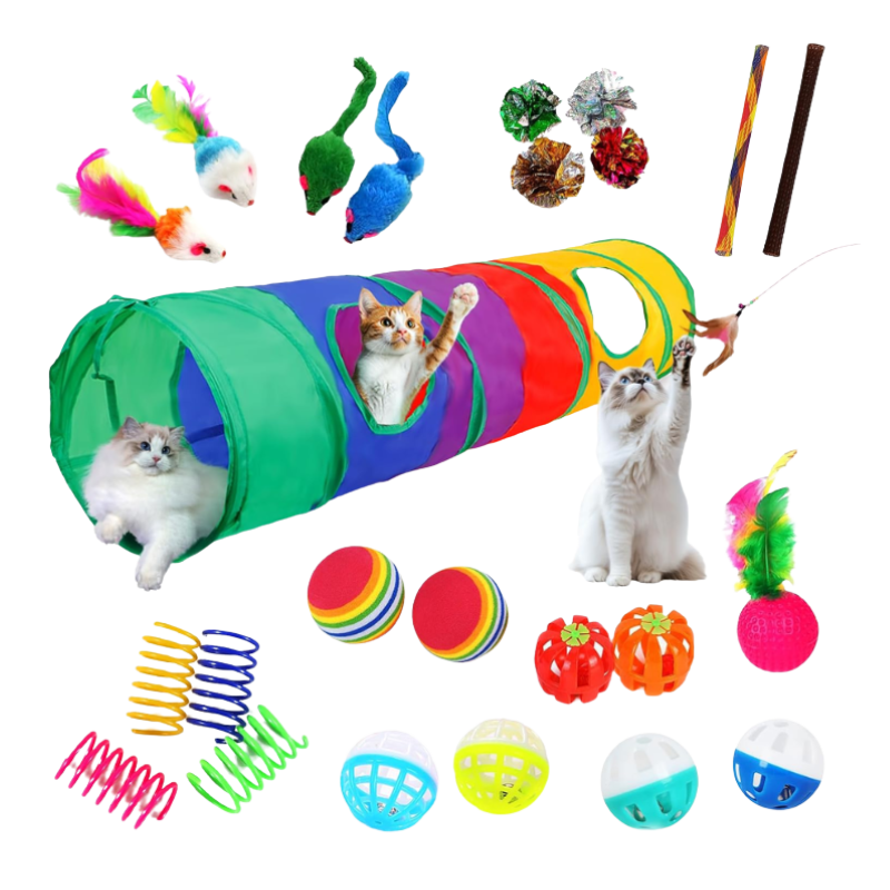 Interactive Cat Enrichment Bundle – 25 Toys with Rainbow Tunnel