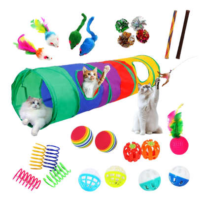 Interactive Cat Enrichment Bundle – 25 Toys with Rainbow Tunnel