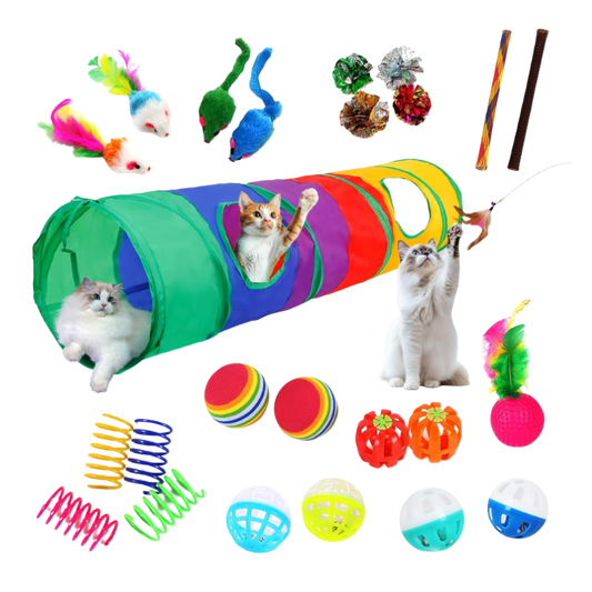 Interactive Cat Enrichment Bundle – 25 Toys with Rainbow Tunnel