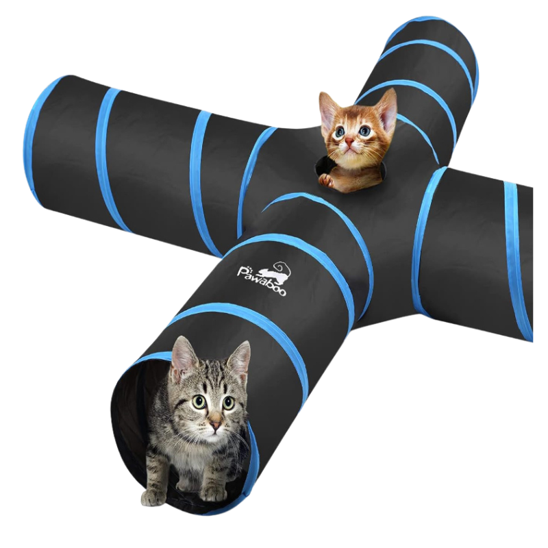 Pawaboo Premium Cat Play Tunnel – 4-Way Extensible with Pompons & Bells