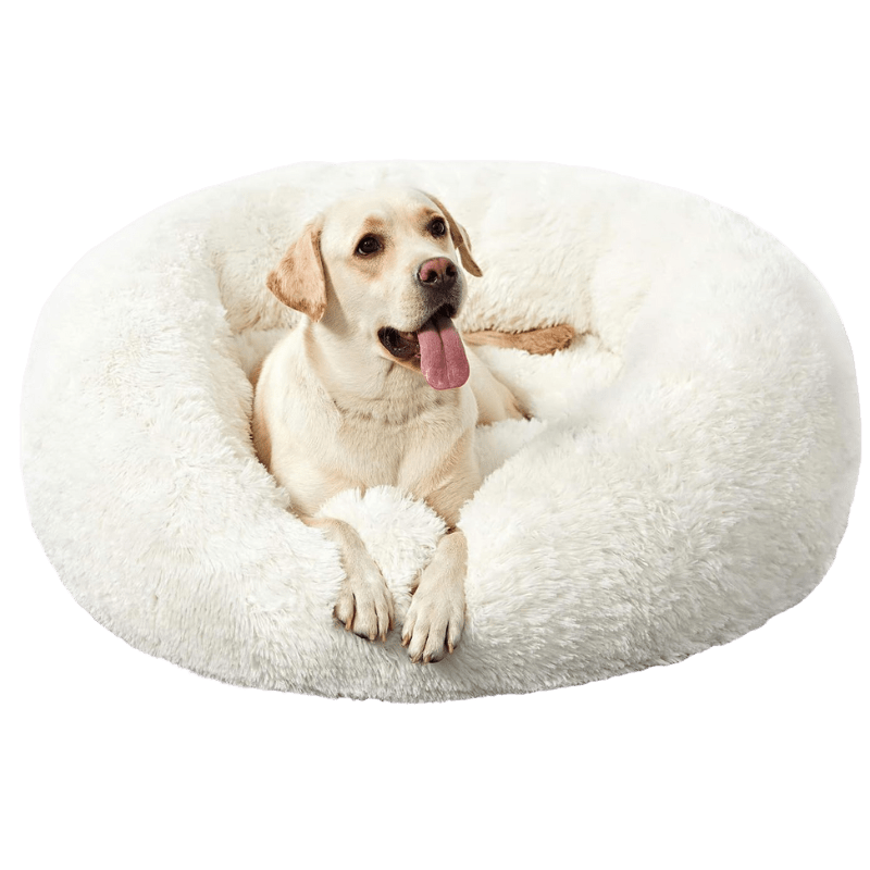 Anti-Anxiety Fluffy Faux Fur Donut Pet Bed (27", White)