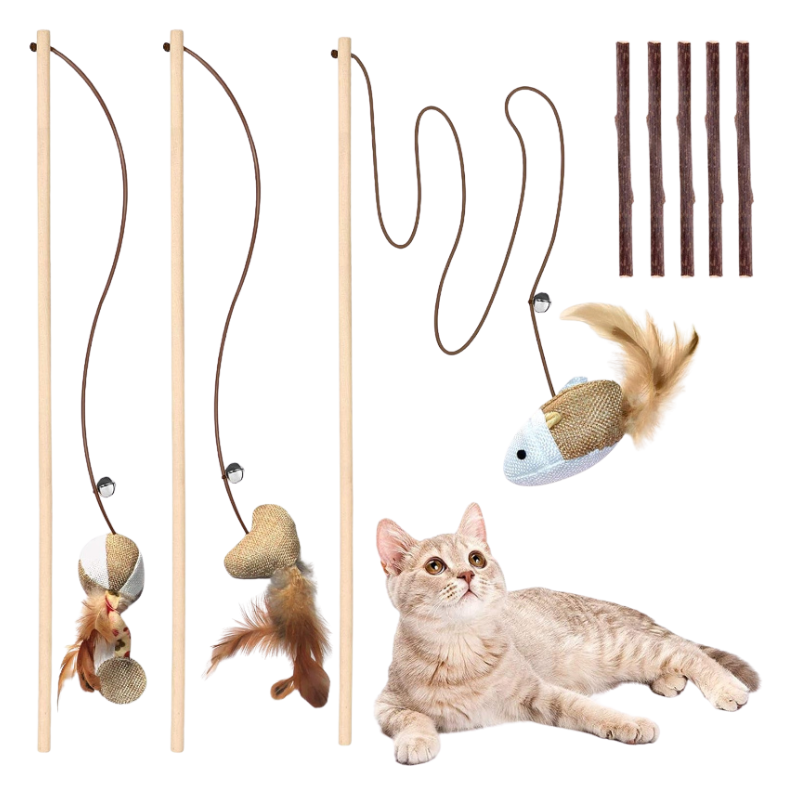 Eco-Friendly Natural Wood Cat Teaser Wand with Catnip Sticks (3-Pack)