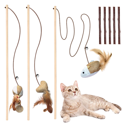 Eco-Friendly Natural Wood Cat Teaser Wand with Catnip Sticks (3-Pack)