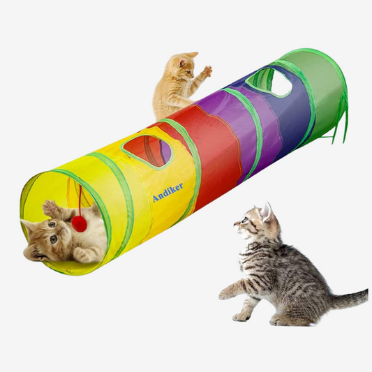 Collapsible Cat Tunnel with Ball & Side Holes — 45" Indoor Cat Play Tube, Rainbow