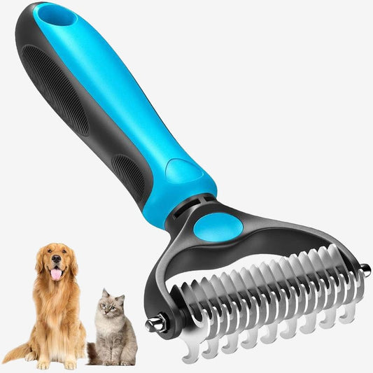 Pet Grooming Brush Double Sided Undercoat Rake for Dogs Cats with 9 Tooth & 17 Tooth Sides for Shedding Dematting & Tangle Removal Blue Plastic Handle - Deshedding Tool