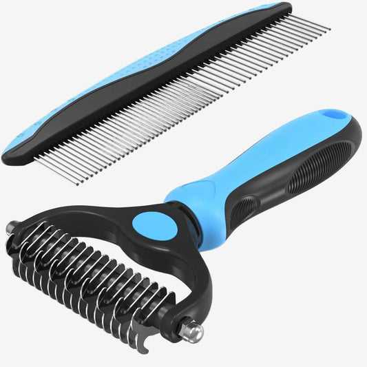 Pet Grooming Brush and Metal Comb Set, Cat and Dog Brush for Shedding, Dematting and Deshedding Brush - Dogs' Shedding Tool for Long and Matted Haired Pets, Blue