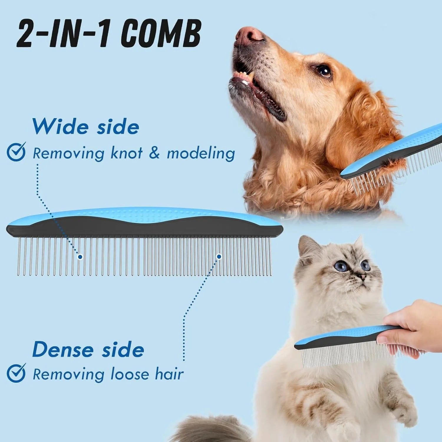 Pet Grooming Brush and Metal Comb Set, Cat and Dog Brush for Shedding, Dematting and Deshedding Brush - Dogs' Shedding Tool for Long and Matted Haired Pets, Blue
