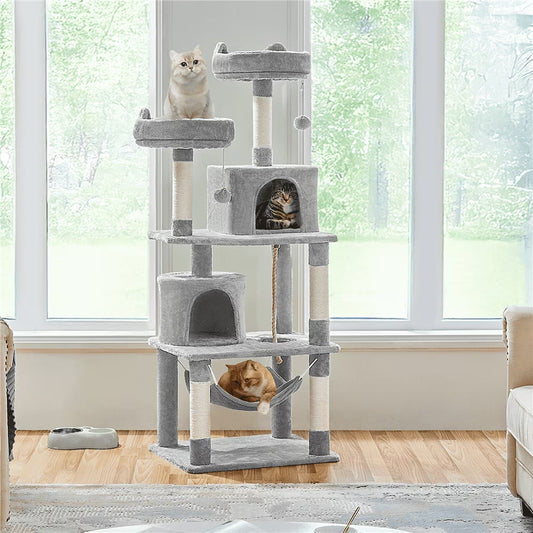 62''H Multi Level Cat Tree Tower with Condos Foam-Padded Perches, Light Gray