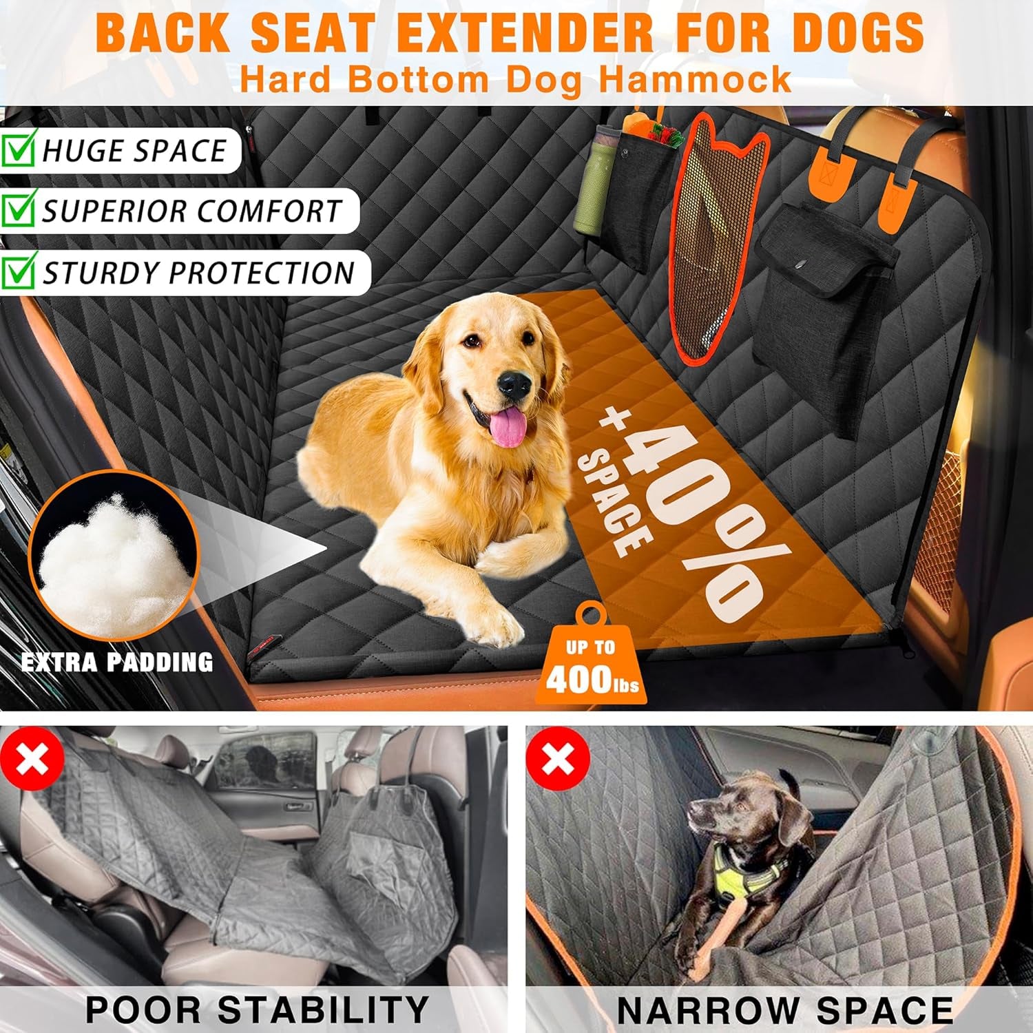 Back Seat Extender for Dogs, Dog Car Seat Cover for Back Seat Waterproof Dog Hammock for Car with Hard Bottom Holds 400Lbs, Pet Backseat Protector for Car, SUV & Truck