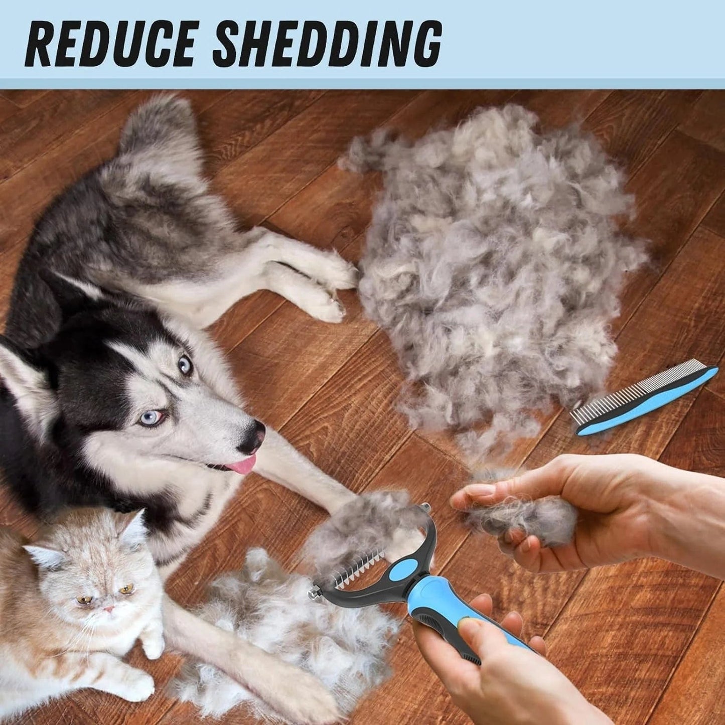 Pet Grooming Brush and Metal Comb Set, Cat and Dog Brush for Shedding, Dematting and Deshedding Brush - Dogs' Shedding Tool for Long and Matted Haired Pets, Blue