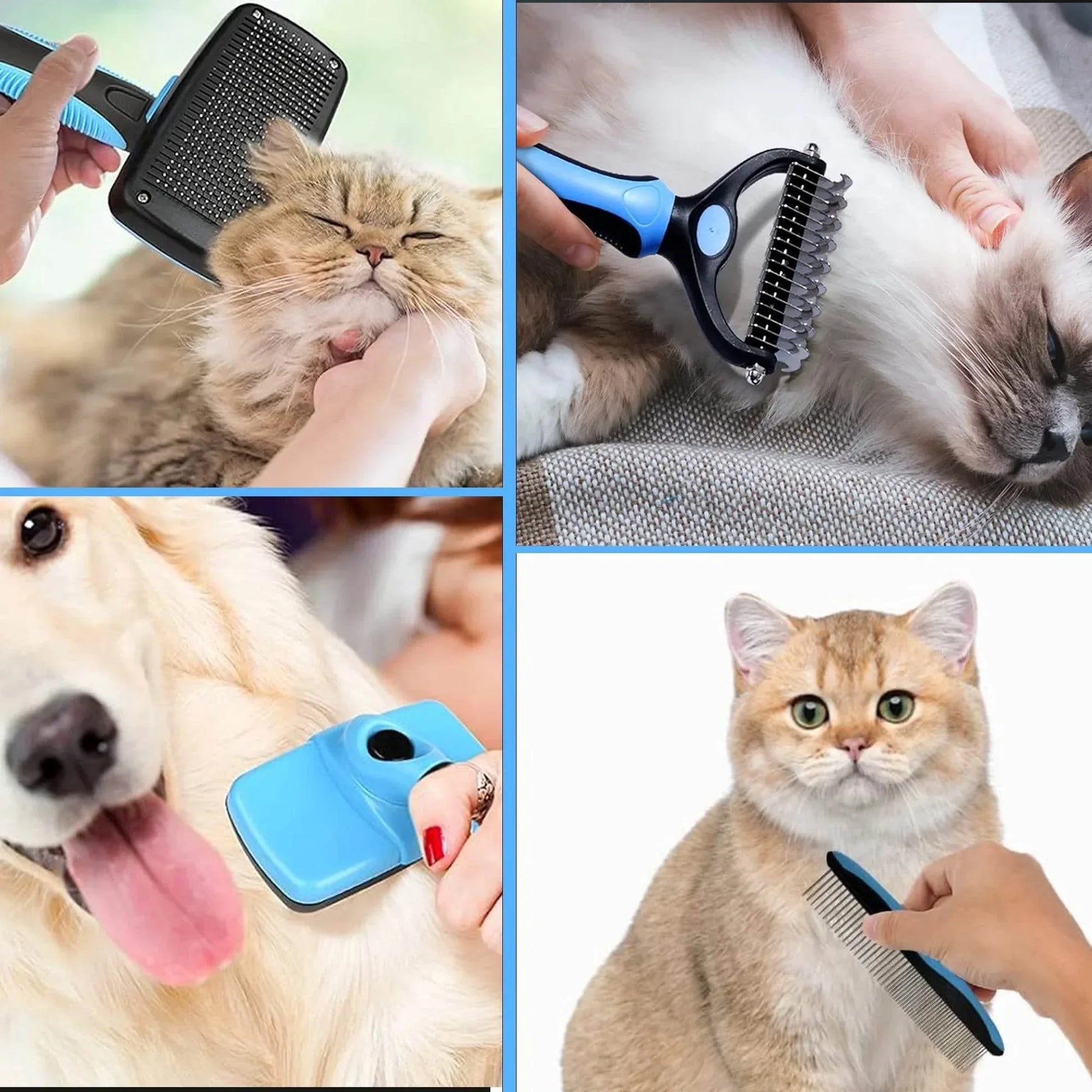 Pet Hair Brush & Grooming Comb Set - Self Cleaning Slicker Brush & Deshedding Comb for Dogs & Cats