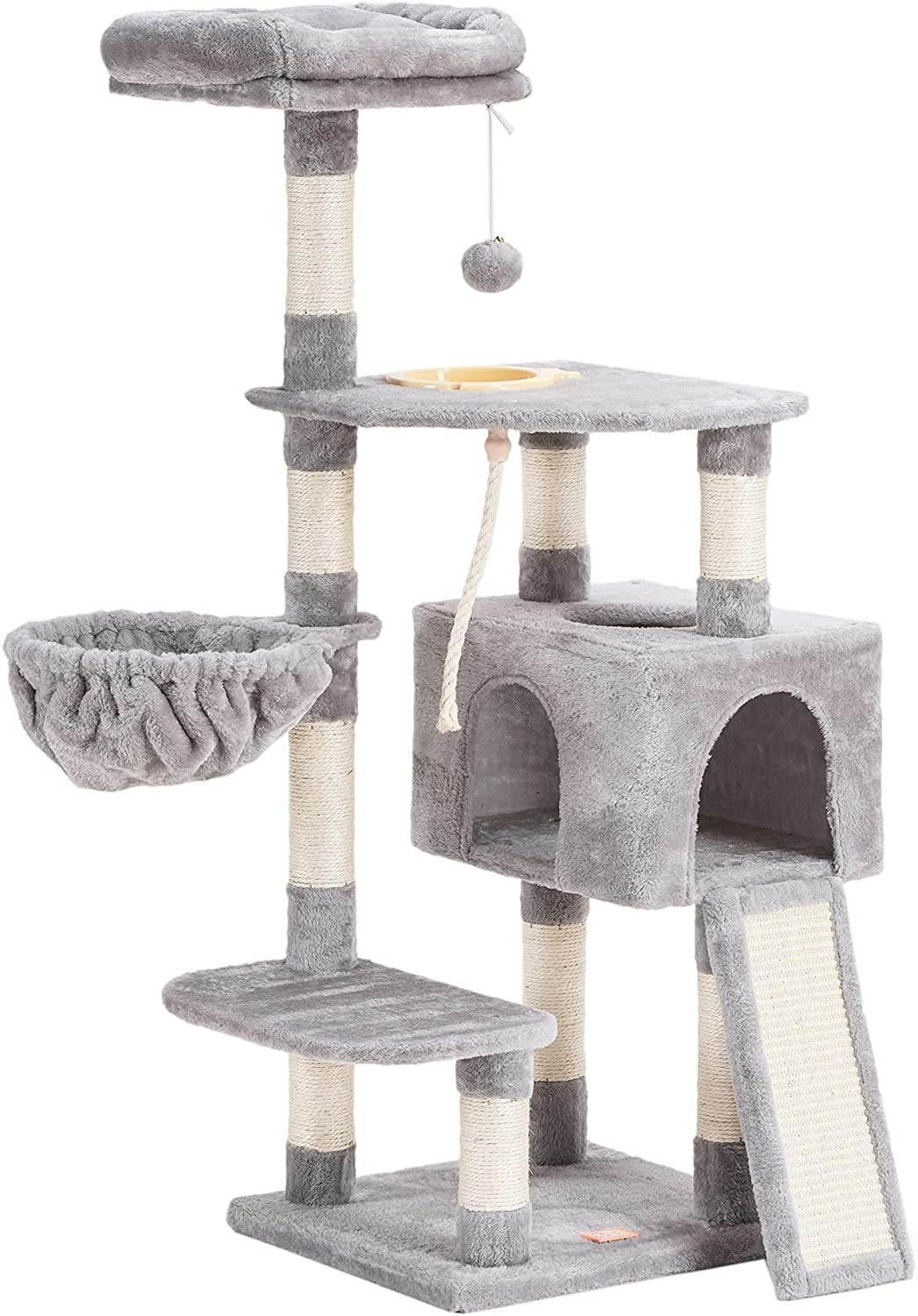 Cat Tree, Cat Tower for Indoor Cats with Scratching Board, Multi-Level Cat Furniture Condo with Feeding Bowl, Light Gray HCT010W