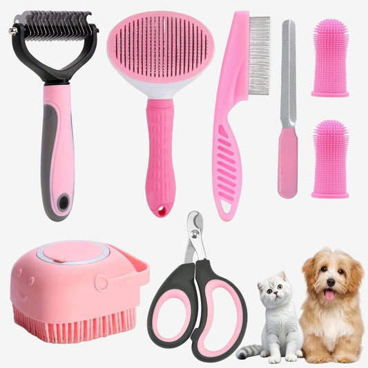 Pet Grooming Brush Kit, 8 Pcs for Shedding & Matted Fur, with Flea Comb and Dog Bath Brush, Cat Dog Brush Grooming Kits, Pink