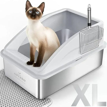 AIPERRO Enclosed Stainless Steel Cat Litter Box with Lid,High Side Cats Toilet Metal Kitten Litter Pan, Pet Cleaning Tool for Big and Small Cats, Rabbits, Splash-Proof and Non-Stick Anti-Urine Leakage Cat Poop Box Odorless, Outdoorfun