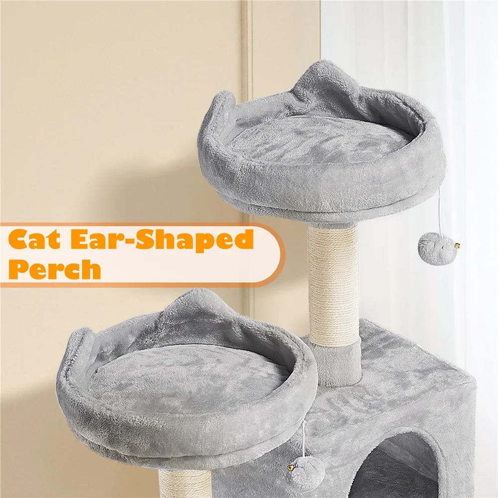 62''H Multi Level Cat Tree Tower with Condos Foam-Padded Perches, Light Gray