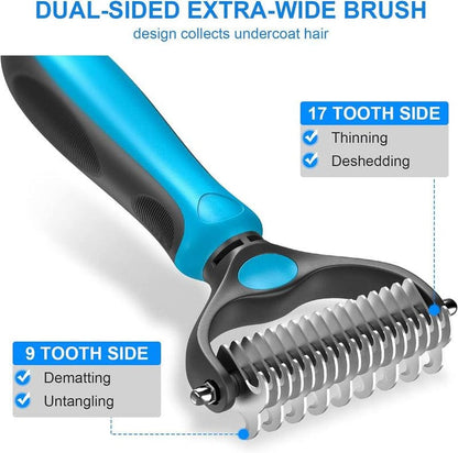 Pet Grooming Brush Double Sided Undercoat Rake for Dogs Cats with 9 Tooth & 17 Tooth Sides for Shedding Dematting & Tangle Removal Blue Plastic Handle - Deshedding Tool